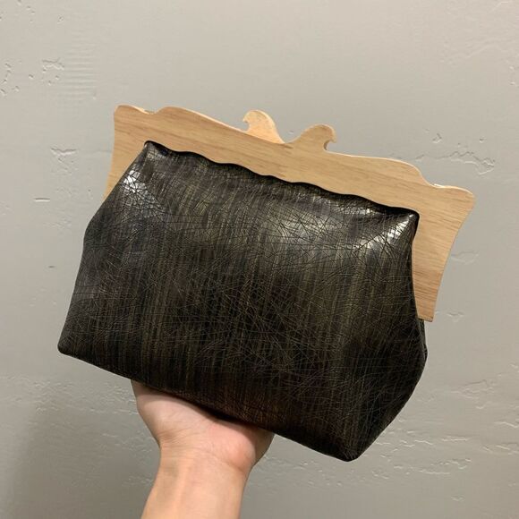 Handmade Genuine Cowhide Embossed  Leather Wooden Frame Purse & 2 Strap Styles - Picture 10 of 15